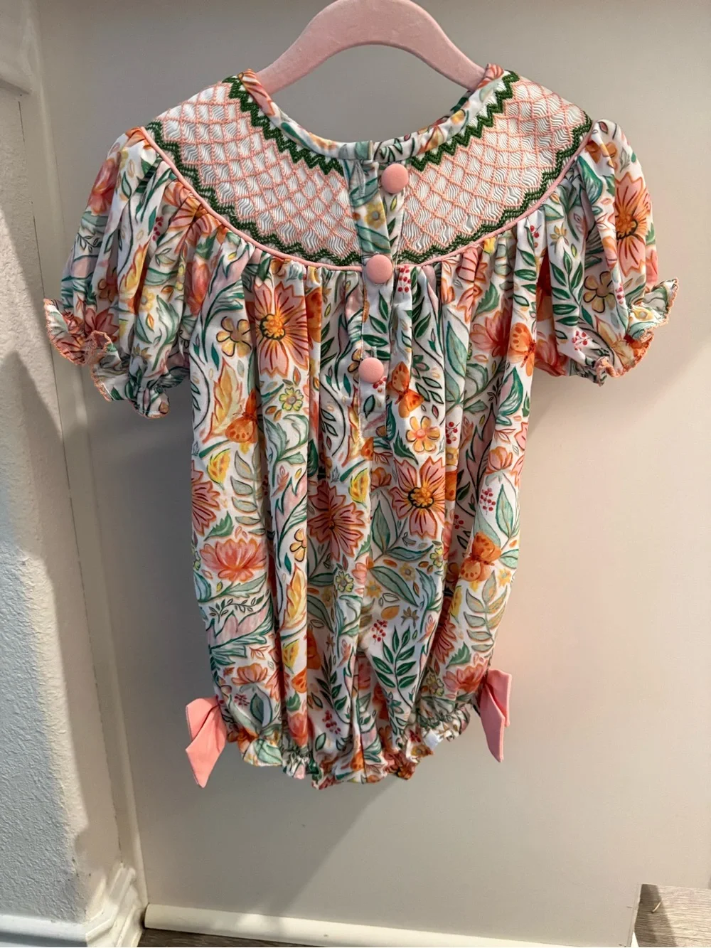 Floral Smocked Pink & Green Girls' One-Piece